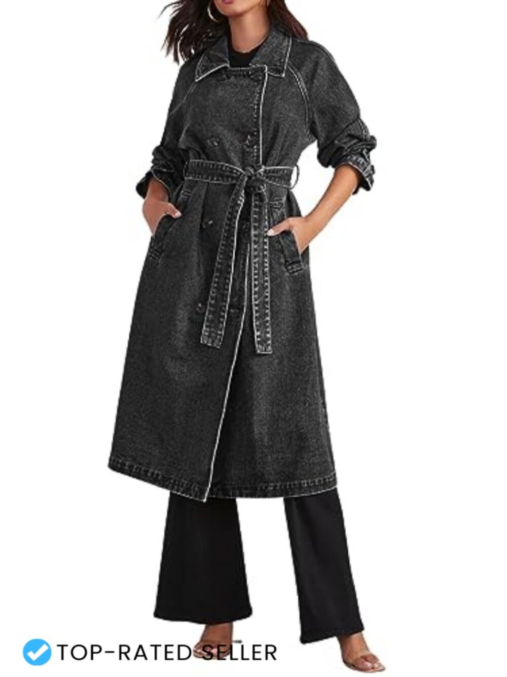 Double Breasted Belted Long Denim Trench Coat Cotton Jean Duster